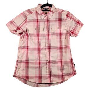 Woman's Eddie Bauer Plaid Short Sleeve Button-Up Shirt M/M Pink & White Cotton